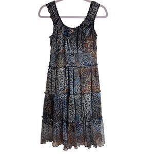 Lapis Anthropologie Blue Animal Print Boho Y2K Style Dress Size Large